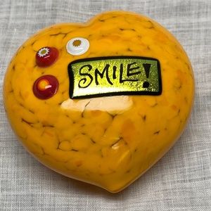 Whimsical Handmade Heart Paperweight with Smile and Flowers Painted On Top